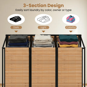 21.4 Gal Laundry Hamper with Lid 3-Section with 2 Lockable Wheels-Natural