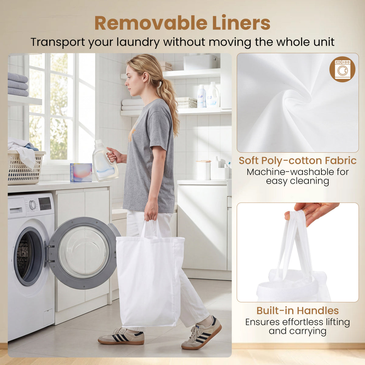 21.4 Gal Laundry Hamper with Lid 3-Section with 2 Lockable Wheels-Natural