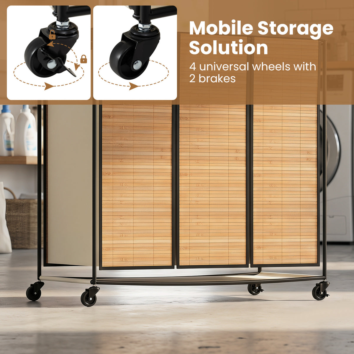 21.4 Gal Laundry Hamper with Lid 3-Section with 2 Lockable Wheels-Natural