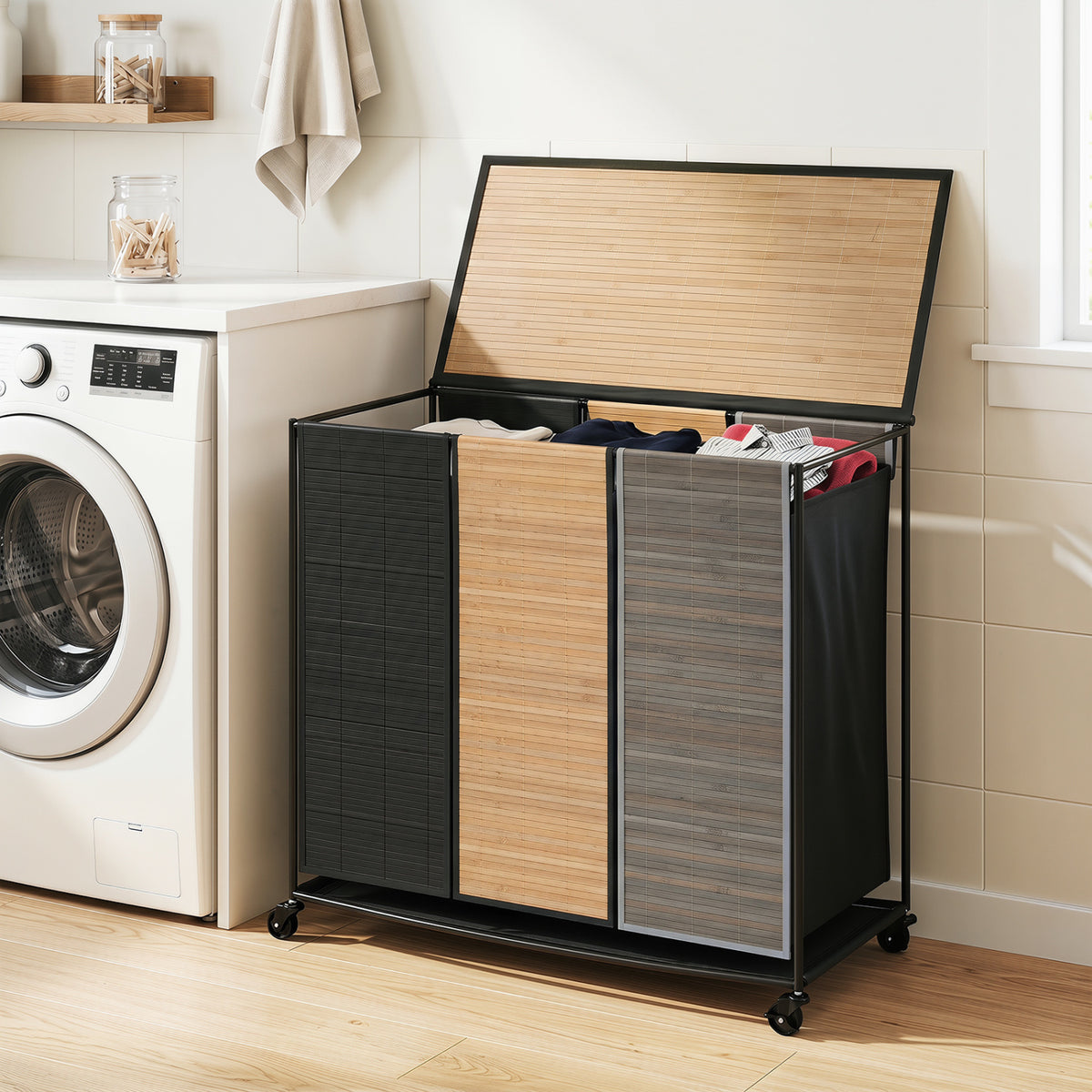21.4 Gal Laundry Hamper with Lid 3-Section with 2 Lockable Wheels-Gray