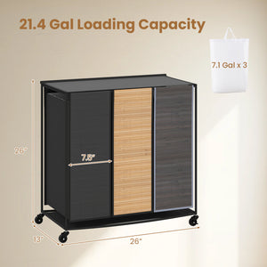 21.4 Gal Laundry Hamper with Lid 3-Section with 2 Lockable Wheels-Gray