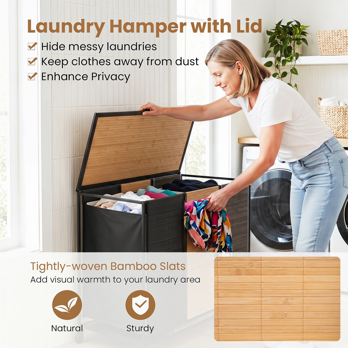 21.4 Gal Laundry Hamper with Lid 3-Section with 2 Lockable Wheels-Gray