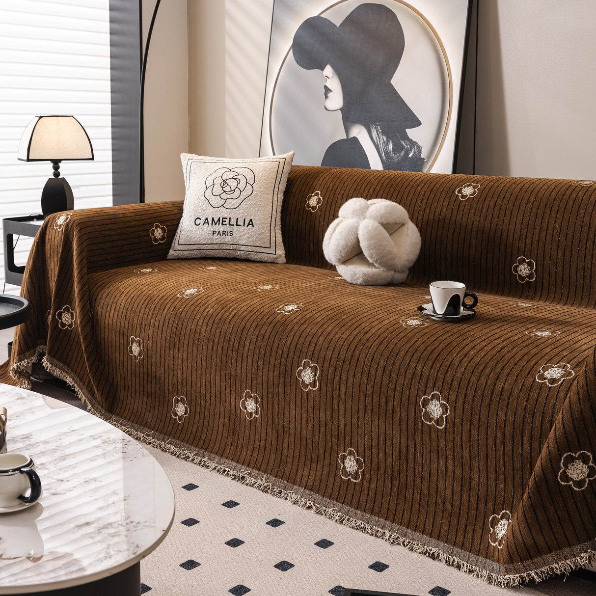 Chenille Camellia Floral Sofa Throw Cover Couch Blanket with Striped Jacquard