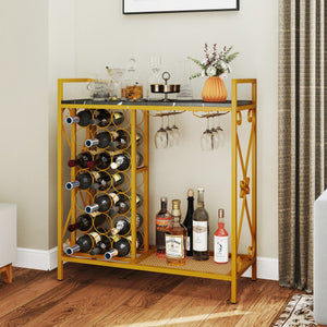 21 Bottle Wine Rack Freestanding Floor Wine Bottle Organizer with Glass Holder-Golden