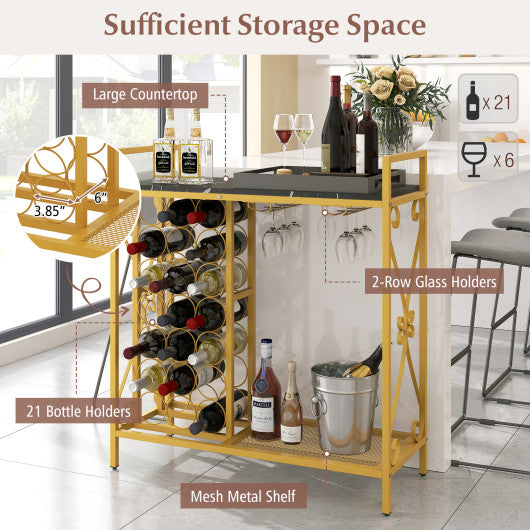 21 Bottle Wine Rack Freestanding Floor Wine Bottle Organizer with Glass Holder-Golden