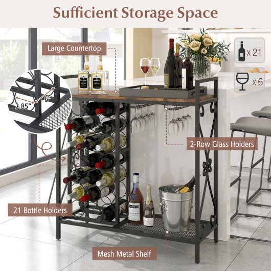 21 Bottle Wine Rack Freestanding Floor Wine Bottle Organizer with Glass Holder-Rustic Brown