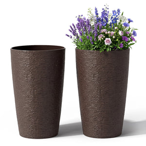 21 Inch Tall Round Plastic Planters Set of 2 Flower Pots with Drainage System-Brown