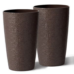 21 Inch Tall Round Plastic Planters Set of 2 Flower Pots with Drainage System-Brown