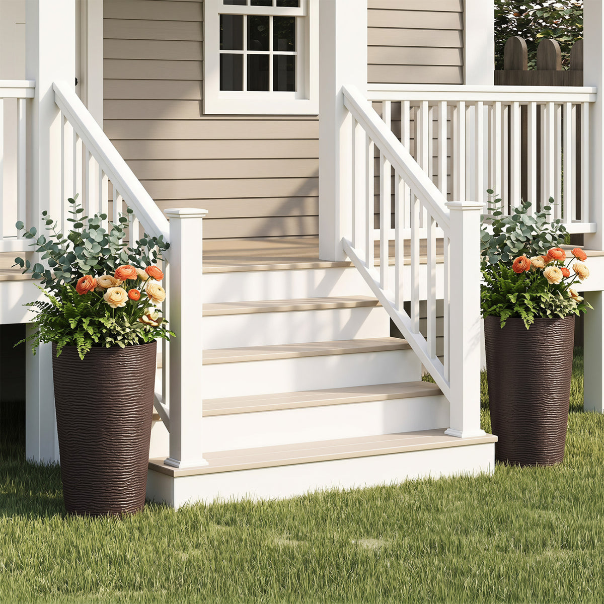 21 Inch Tall Round Plastic Planters Set of 2 Flower Pots with Drainage System-Brown