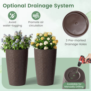 21 Inch Tall Round Plastic Planters Set of 2 Flower Pots with Drainage System-Brown