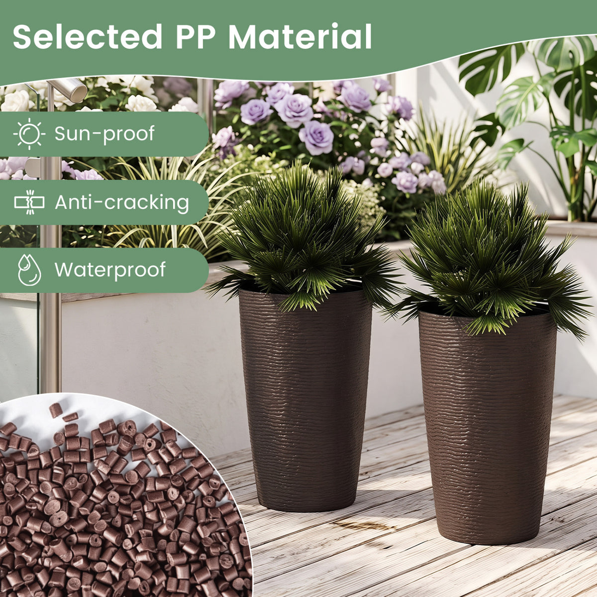 21 Inch Tall Round Plastic Planters Set of 2 Flower Pots with Drainage System-Brown