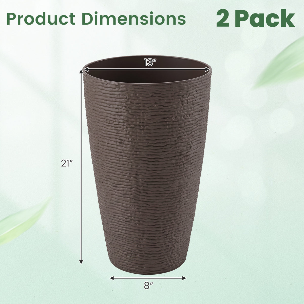 21 Inch Tall Round Plastic Planters Set of 2 Flower Pots with Drainage System-Brown