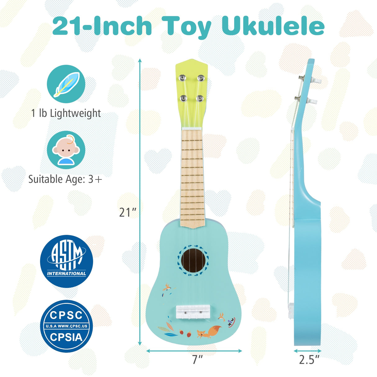 21 Inch Ukulele Guitar for Kids with Basswood Body for 3+ Years Old