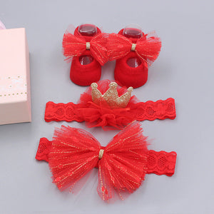 Flower Baby Girl Headband Socks Set Shoes With  Crown Bows Newborn Headbands For Girls Turban Baby Hair Accessories