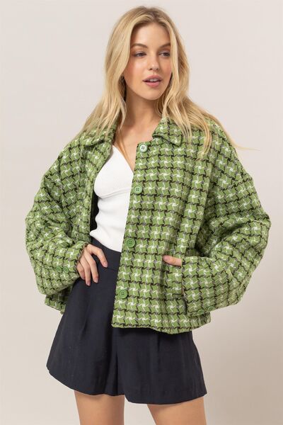 Cute Green Tweed Plaid Button Up Collared Neck Jacket Classic & Elegant Layering Piece Everyday Jacket