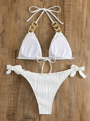 Bikini Ruched Texture Golden Chain 2 Piece Triangle Swimsuit for Women – Striped Halter Bikini Set with Bow Tie Side and Elegant Ring Link Detail – Stretchy Beachwear for Pool Bathing and Summer Vacations