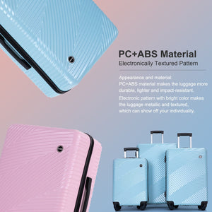 Promotional image featuring pastel blue and pink 3-piece luggage sets made from PC+ABS material. These lightweight suitcases with two hooks and spinner wheels boast an electronically textured pattern, ensuring durability, impact resistance, individuality, and vibrant colors.