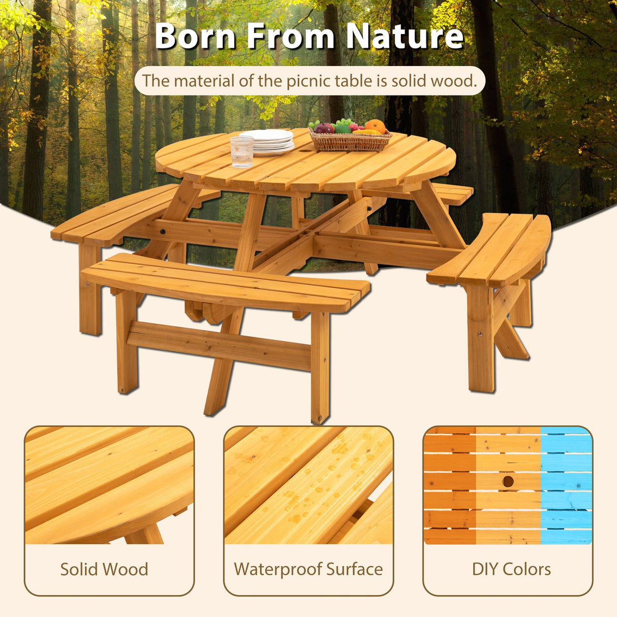 8 Person Wooden Picnic Table, Outdoor Camping Dining Table With Seat, Garden, Diy With 4 Built-In Benches, 2220Lb Capacity by Couch.com