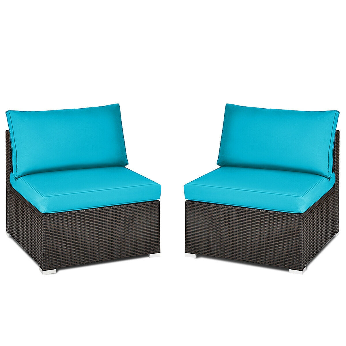 2 Pieces Patio Rattan Armless Sofa Set with 2 Cushions and 2 Pillows-Navy