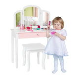 Kids Princess Make Up Dressing Table with Tri-folding Mirror and Chair-Pink