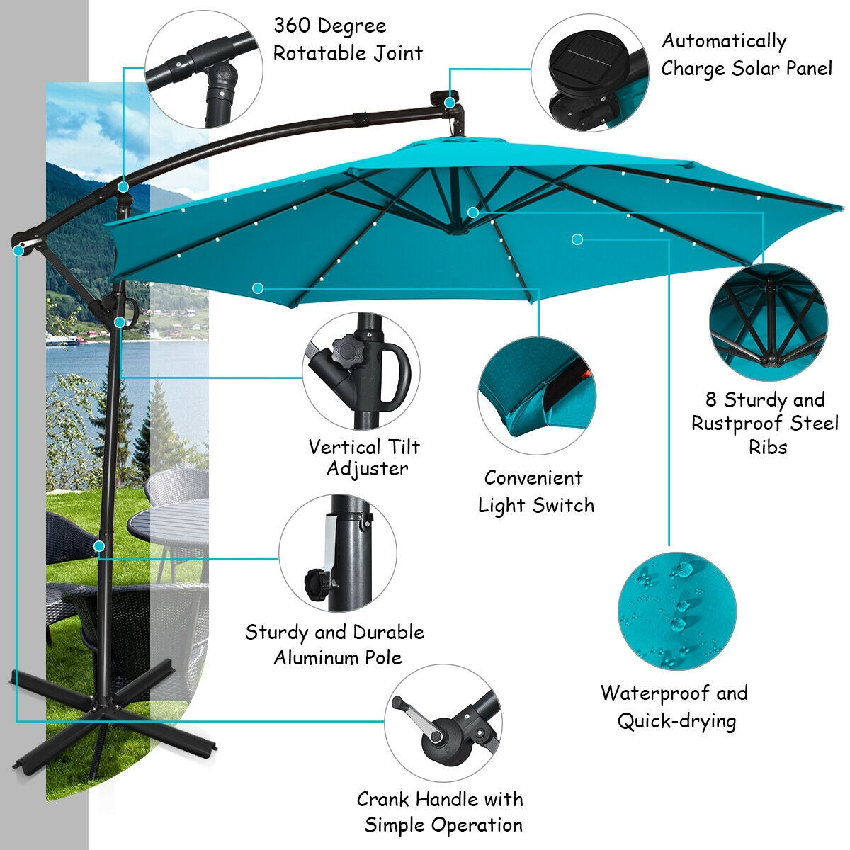 10 ft 360 ° Rotation Solar Powered LED Patio Offset Umbrella without Weight Base-Beige