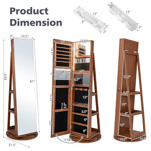 360 ° Rotating Mirrored Jewelry Cabinet Armoire 3 Color LED Modes Lockable-White