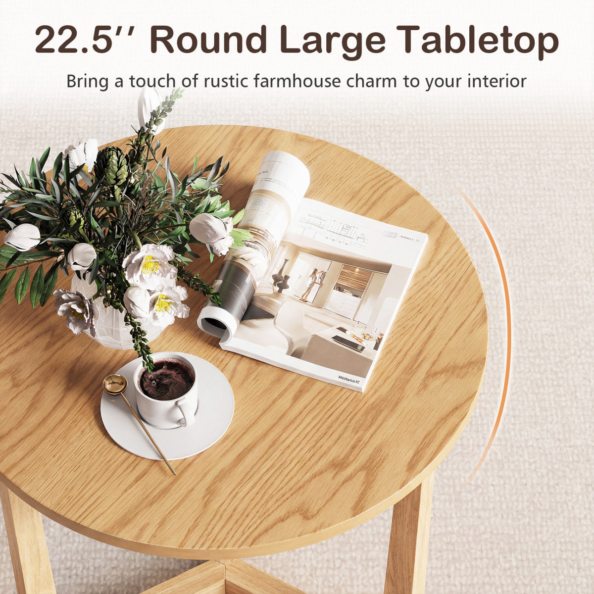 22.5 inch Round Side Table Farmhouse End Table with Sturdy Rubber Wood Legs and Triangular Structure-Natural