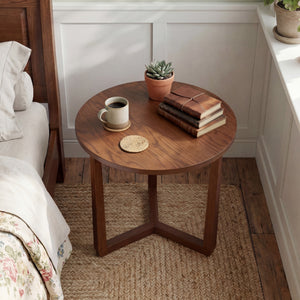 22.5 inch Round Side Table Farmhouse End Table with Sturdy Rubber Wood Legs and Triangular Structure-Walnut