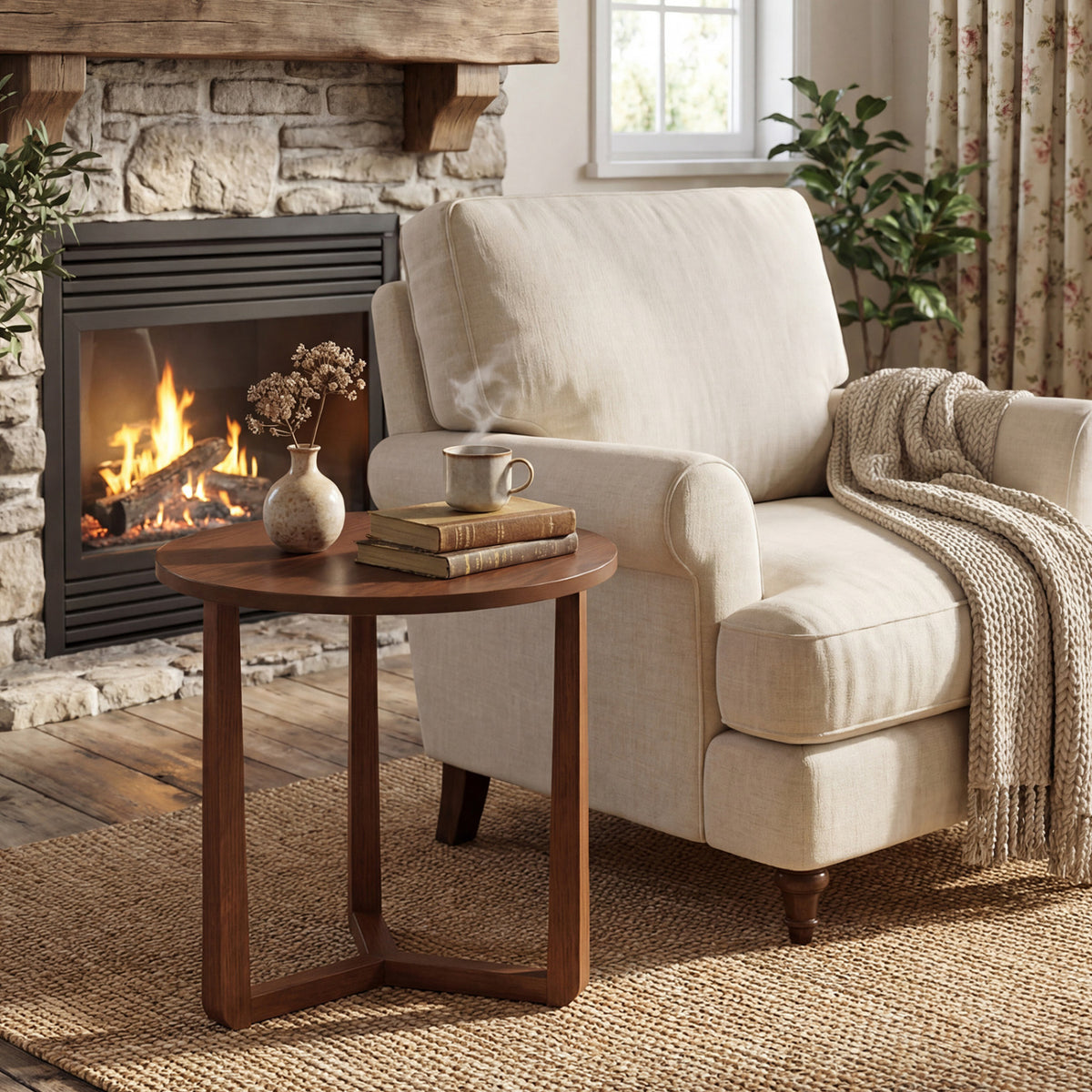 22.5 inch Round Side Table Farmhouse End Table with Sturdy Rubber Wood Legs and Triangular Structure-Walnut