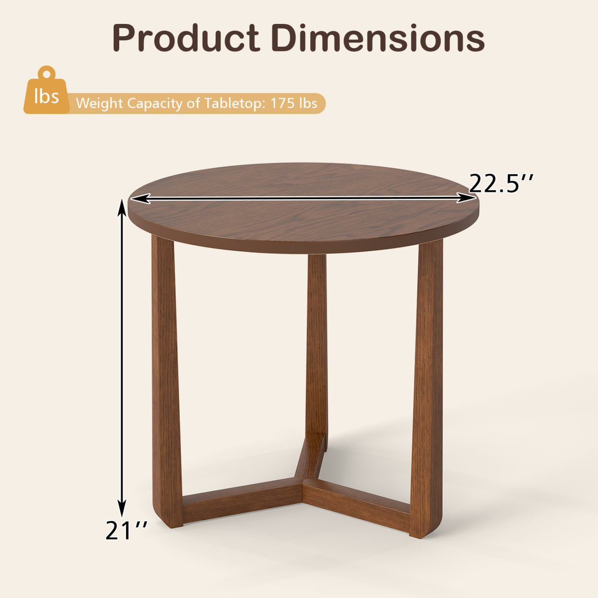 22.5 inch Round Side Table Farmhouse End Table with Sturdy Rubber Wood Legs and Triangular Structure-Walnut