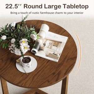 22.5 inch Round Side Table Farmhouse End Table with Sturdy Rubber Wood Legs and Triangular Structure-Walnut