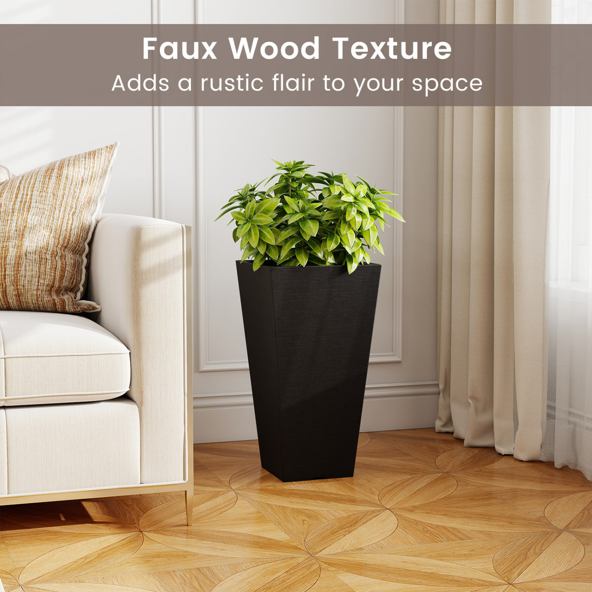 22.5 inch Tall Square Planter Set of 2 Self-Watering Flower Pots with Removable Inner Bucket-Black