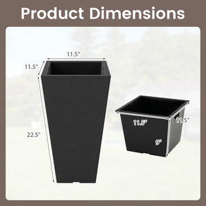 22.5 inch Tall Square Planter Set of 2 Self-Watering Flower Pots with Removable Inner Bucket-Black