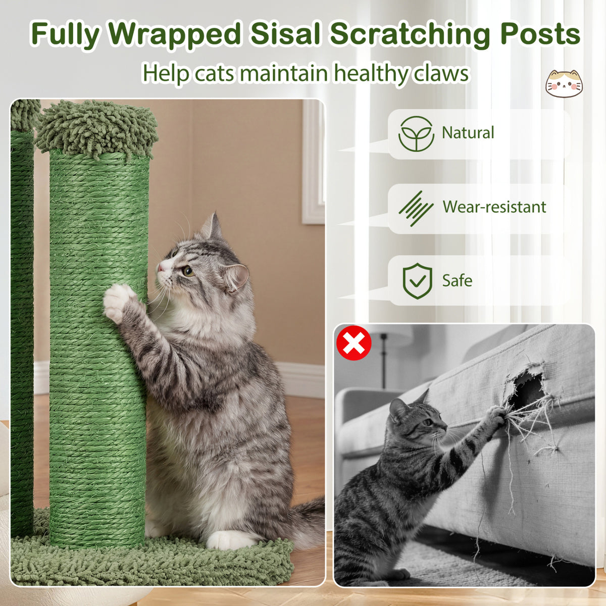 22 Inch Cactus Cat Scratching Post with Natural Sisal Rope-Green