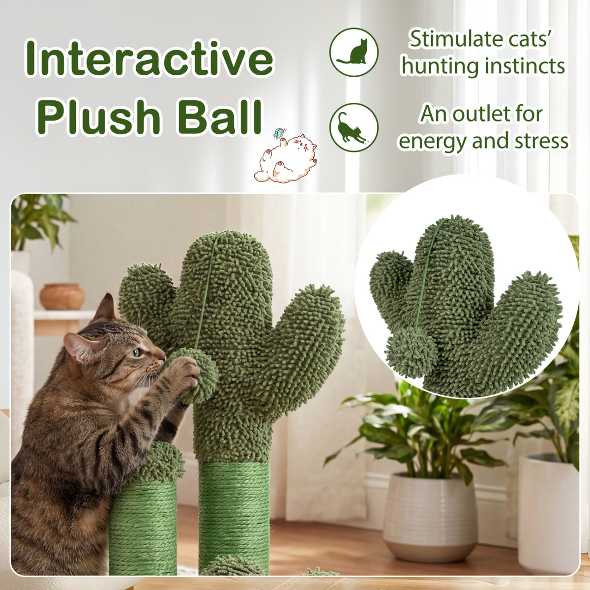 22 Inch Cactus Cat Scratching Post with Natural Sisal Rope-Green