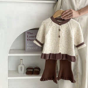 Baby Dot Yarn Ruffled Knitted Cardigan Coat Knitted Bell-bottom Pants