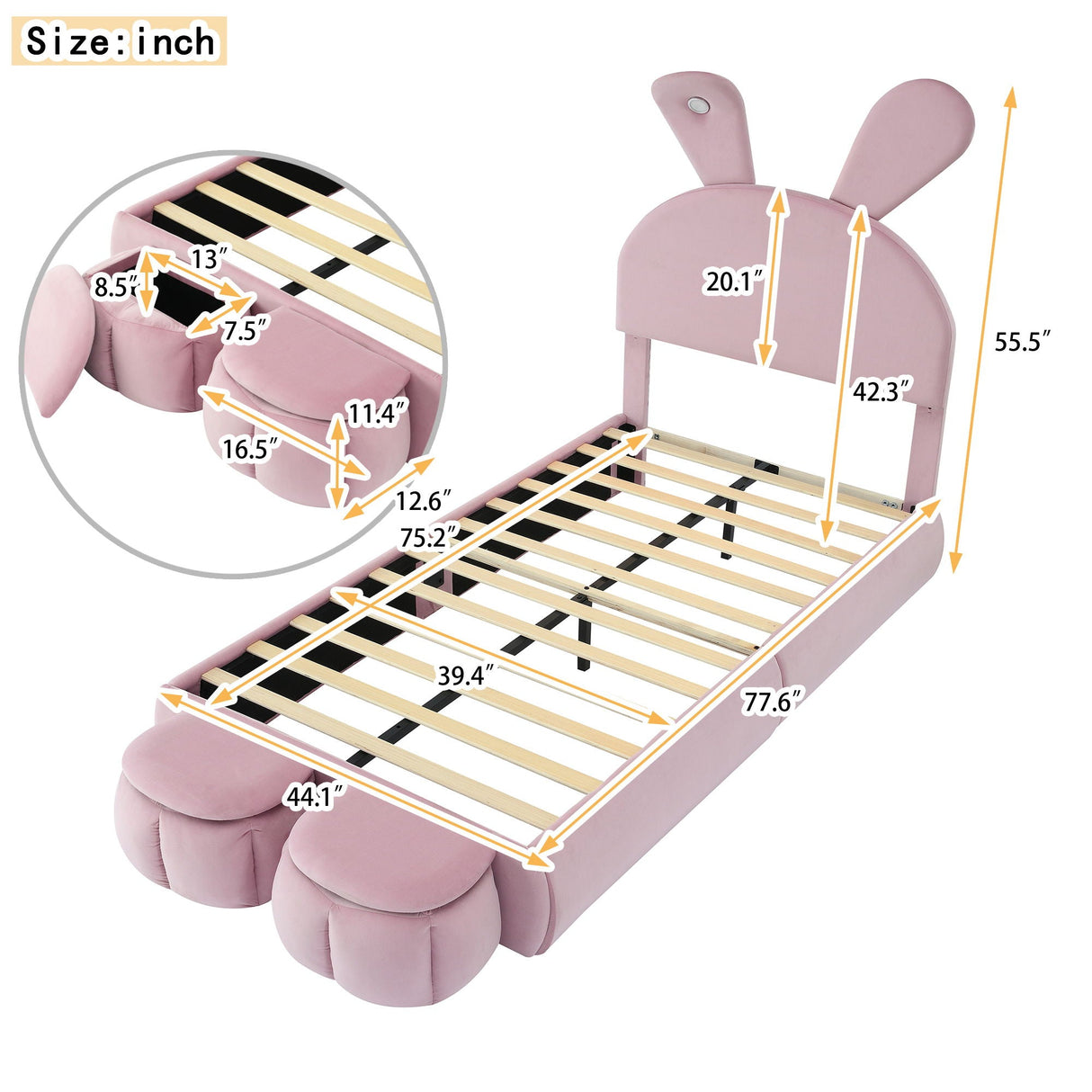 Twin Size Upholstered Platform Bed With Cartoon Ears Shaped Headboard And Light - Pink by Couch.com