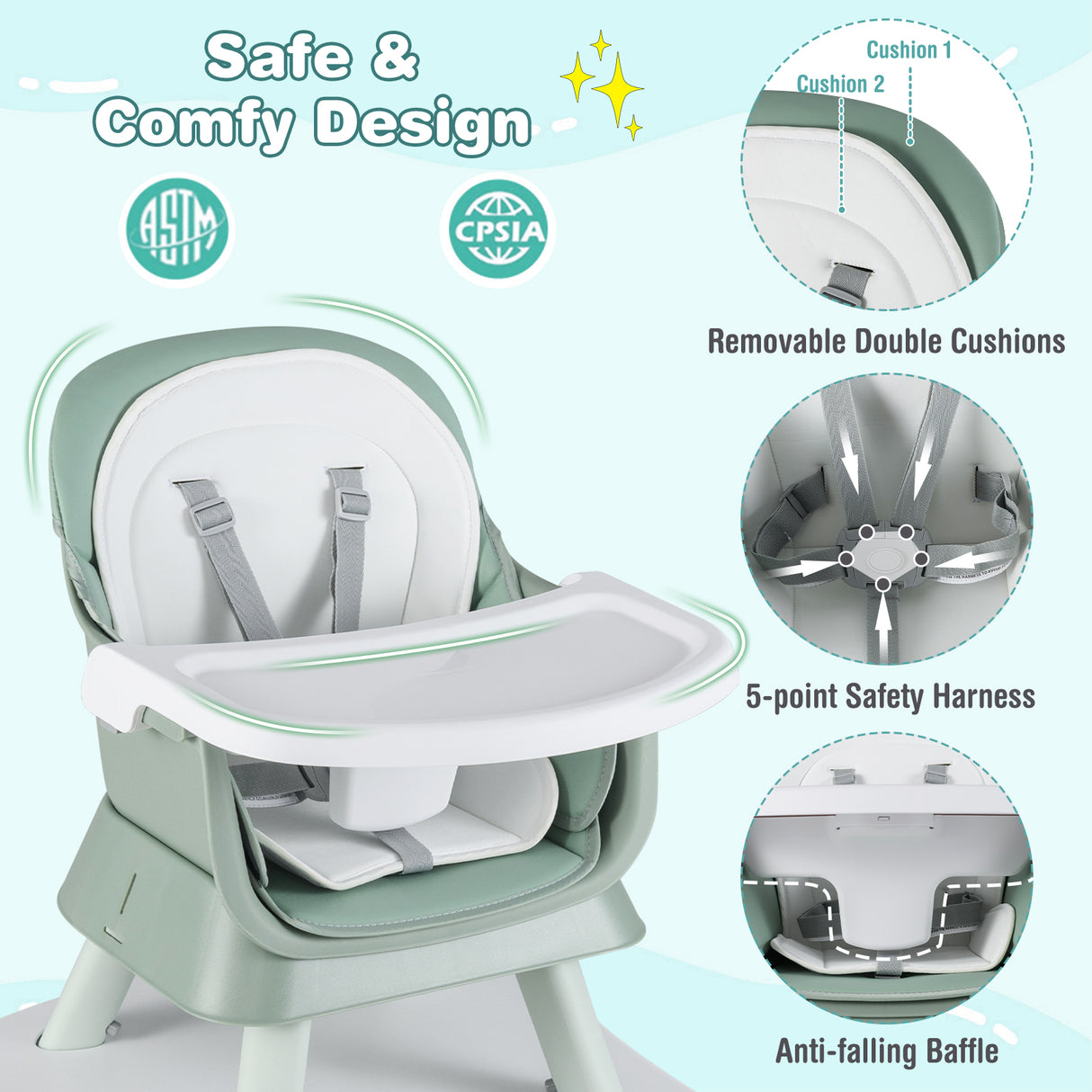 6-in-1 Convertible Baby High Chair with Adjustable Removable Tray-Green