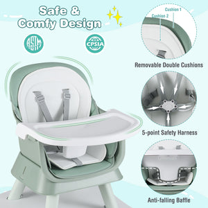 6-in-1 Convertible Baby High Chair with Adjustable Removable Tray-Green