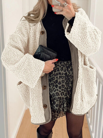 Modern Cozy Women Luxuriously Cozy Contrast Button Up Sherpa Jacket with Pockets For Fall & Winter