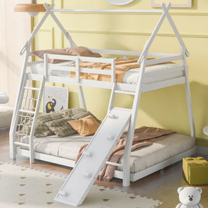 Twin Over Queen House Bunk Bed With Climbing Nets And Climbing Ramp by Couch.com