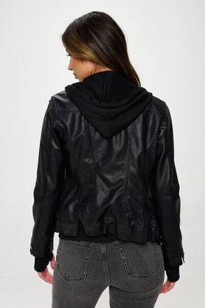 Black Double Zip Hooded Long Sleeve Jacket Modern & Functional Vegan Leather Outerwear
