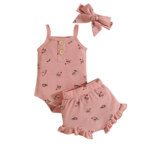 Infant Set Waffle Floral Print Suspenders Three Piece Set
