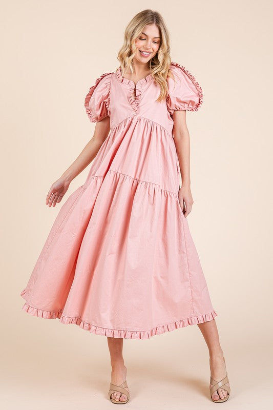 Ruffle Trim Puff Sleeve Tiered Babydoll Midi Dress – Fluttering, Sweet, Elegant, Feminine, and Trendy Babydoll Midi Dress with Ruffle Trim and Puff Sleeves