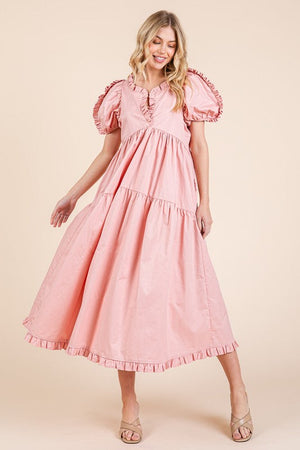 Ruffle Trim Puff Sleeve Tiered Babydoll Midi Dress – Fluttering, Sweet, Elegant, Feminine, and Trendy Babydoll Midi Dress with Ruffle Trim and Puff Sleeves