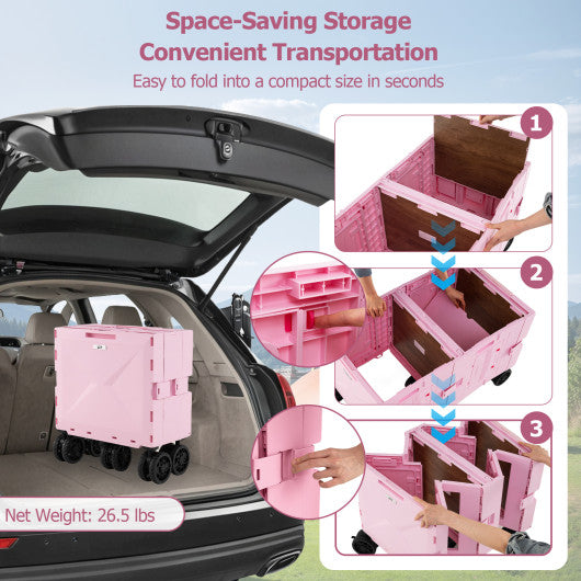Large Foldable Utility Cart with 2-Tier Storage Crates and Telescoping Handle-Pink