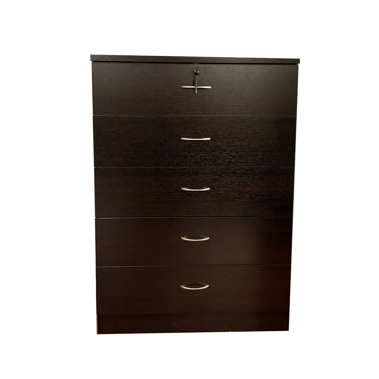 A 5 Drawer Chest made of dark brown wood with silver metal handles, featuring a locking top drawer with a key, is designed using metal glide rails and melamine laminate.