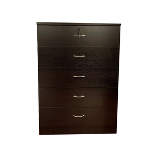 A 5 Drawer Chest made of dark brown wood with silver metal handles, featuring a locking top drawer with a key, is designed using metal glide rails and melamine laminate.