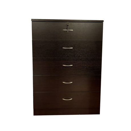 A 5 Drawer Chest made of dark brown wood with silver metal handles, featuring a locking top drawer with a key, is designed using metal glide rails and melamine laminate.