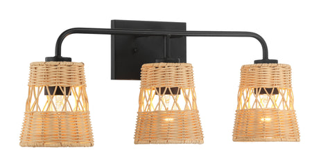 The Moonlit 3 Lights Wall Sconce features woven rattan cylindrical shades encasing bulbs, mounted on a sleek black frame, perfect for a warm and natural look above your bathroom mirror.